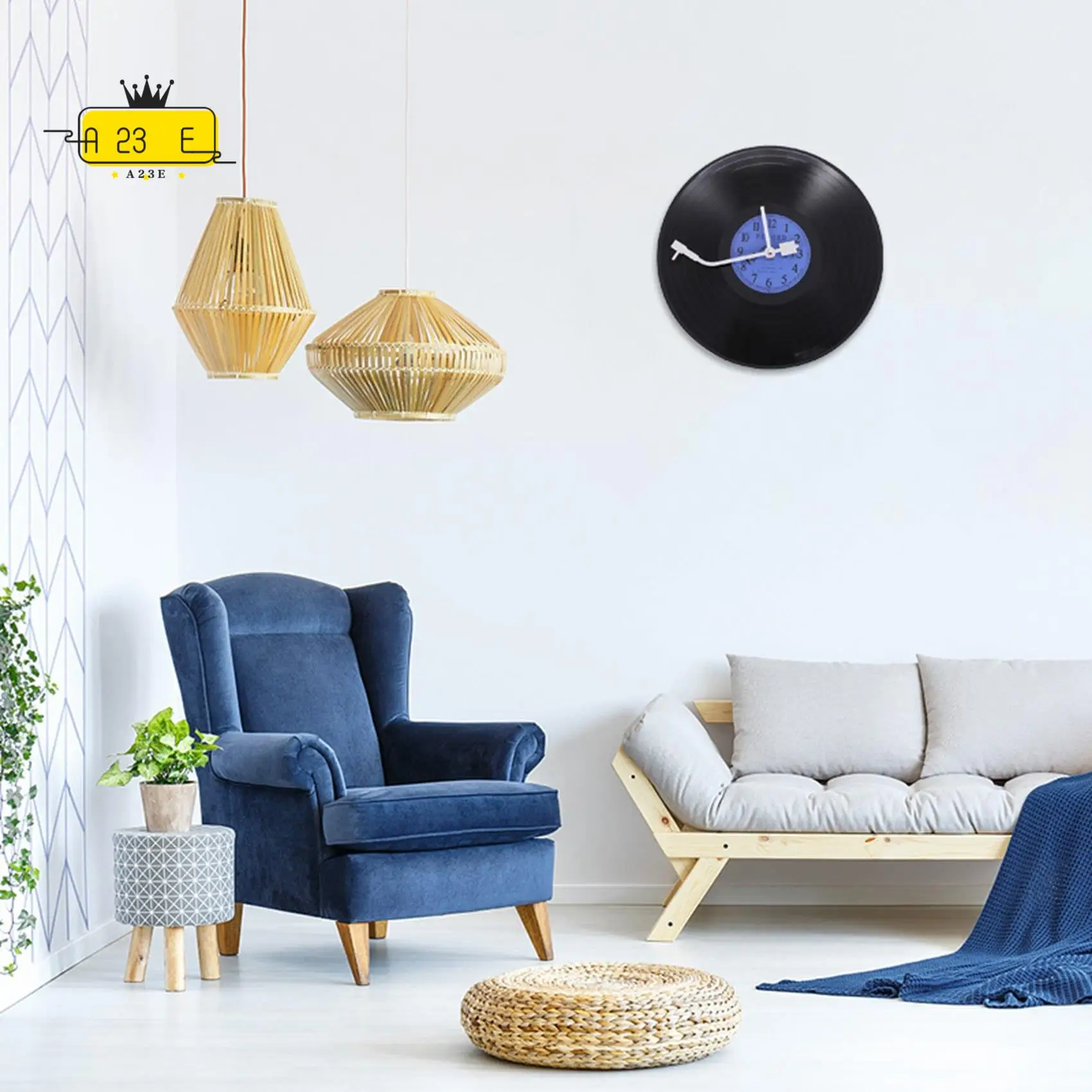 

A23E-Quartz Round Retro Wall Clock Art Design Kitchen Living Room Home Decoration Vinyl Record Clock Blue + Black Plastic