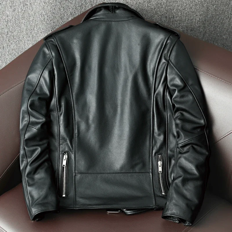 2023 New Genuine Cow Leather Jacket Men Autumn Winter Male Coats Diagonal zipper and Multi Pocket slim Motorcycle Clothing