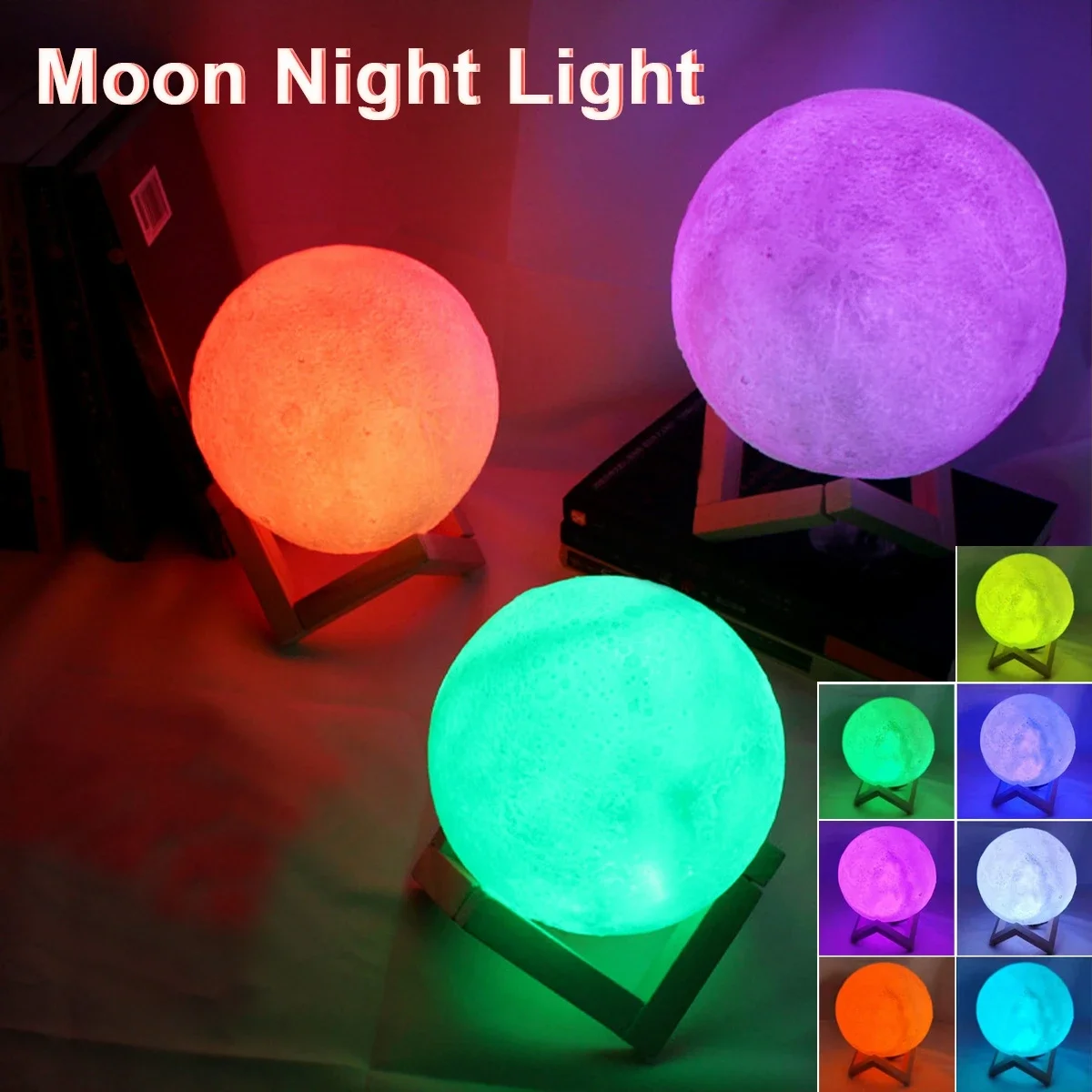 Lámpara de Luna LED de 8cm, luz nocturna alimentada por batería con soporte, lámpara estrellada, decoración de dormitorio, luces nocturnas, regalo para niños