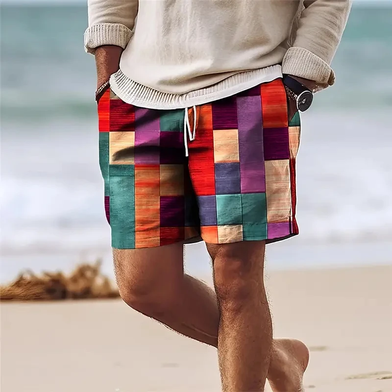 Colorful Plaid Patchwork Print Beach Short Men Vacation Casual Stripe Shorts Summer Funny Hawaii Style Children Drawstring Tunk