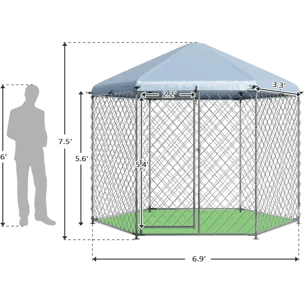 Heavy-Duty Metal Wire Dog Kennel for Large Breeds, 6.9'L x 6.9'W x 7.5'H Outdoor Dog Pen with Roof