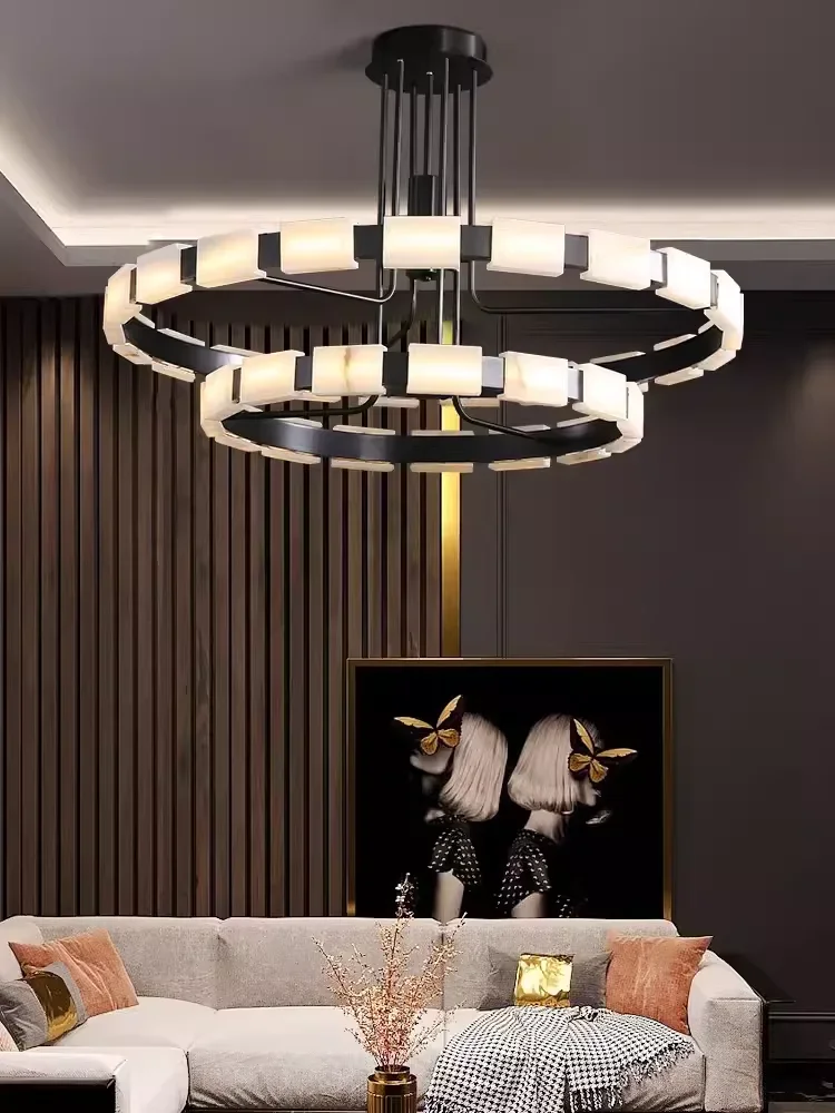 Modern Large Real Natural Marble Chandelier Black Led Home Decoration Villa Ceiling Marble Hanging Lamps Big 2024 Lustres