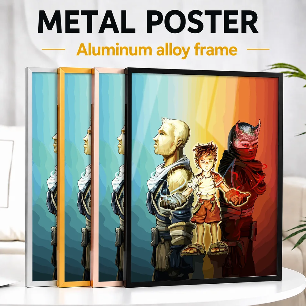 Three Figures With Magical Energy Framed Metal Print Customized Mythic Fantasy Tribute Wall Art For Gamers Decorating Game Room