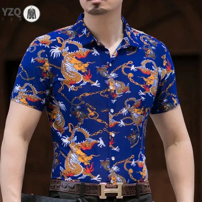 New Summer Men\'s Flower Animal Pattern Short sleeved Shirt Top