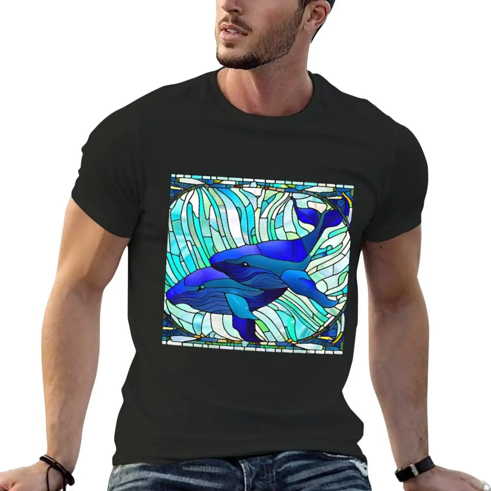 Blue Whales, Giants of the Ocean Stained Glass design T-Shirt sweat Short sleeve tee t shirts men