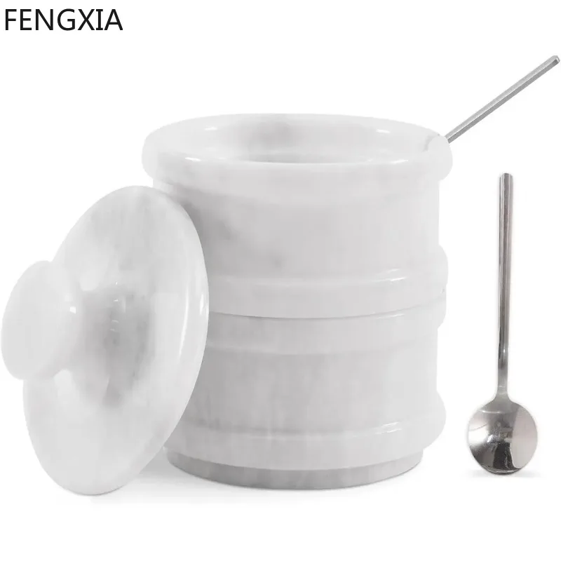 Handmade Marble 2-Layer Salt Jar Seasoning Storage Box Jewelry Organizer
