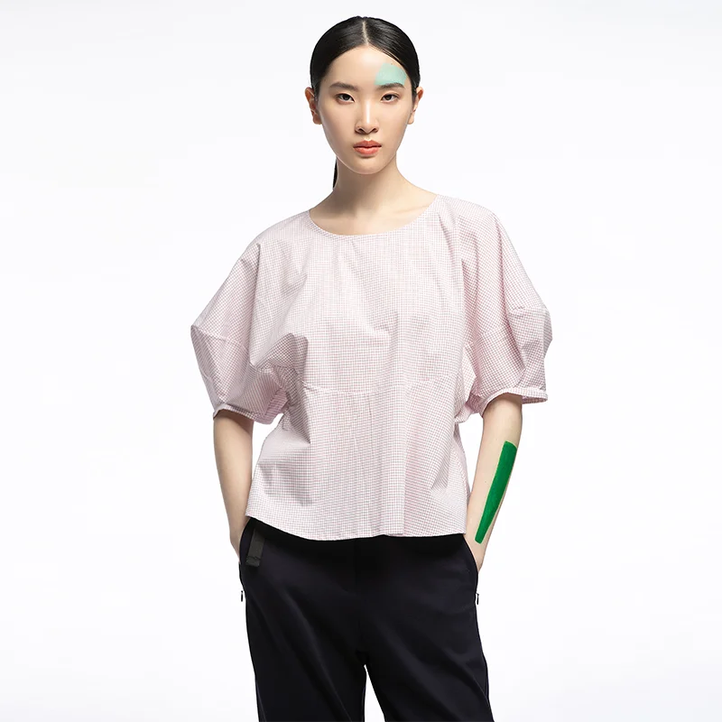 

Оригинальный дизайн, свободная женская летняя блузка с круглым вырезом, в клетку, с короткими рукавами-фонариками, из смесового хлопка, модный топ