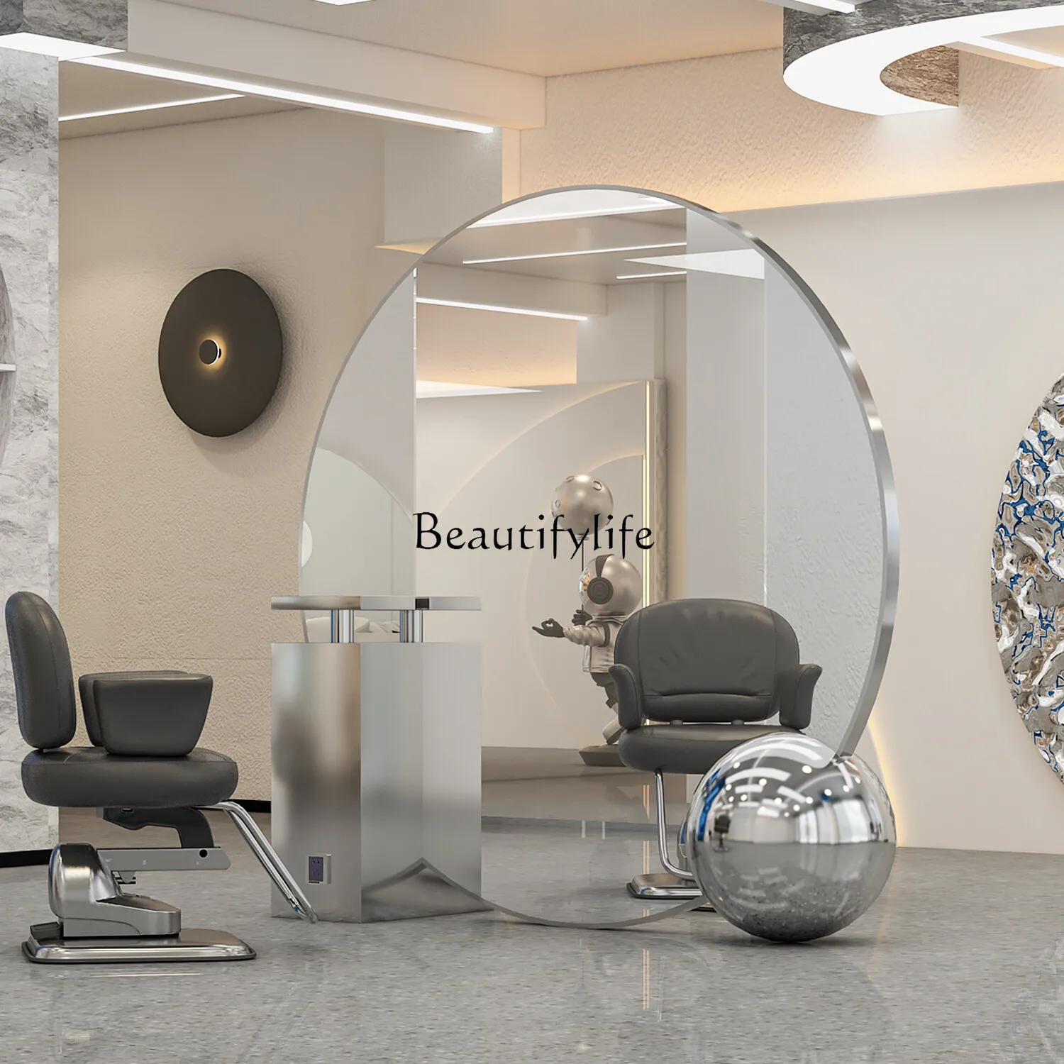 

Barber Shop Mirror with Cabinet for Perming and Dyeing Area, Floor-standing Haircut Mirror