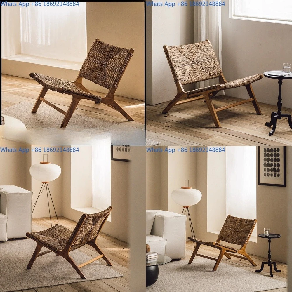 

Wabi Sabi Style Solid Wood Lounge Chair with Woven Seat and Ottoman for Living Room