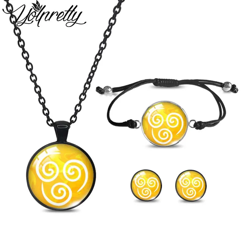 2023 New Arrival avatar the last airbender Black Necklace Rope Bracelet Stud Earrings Sets Glass Cabochon Jewelry Sets for Women