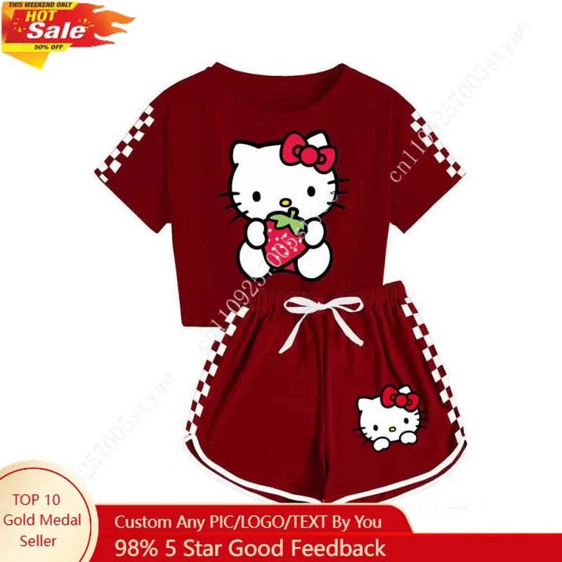 

Hello Kitty Boys Girls Sports T-shirt and Shorts Summer Outfit Soft Clothes Daily Sets Children's Top and Bottom