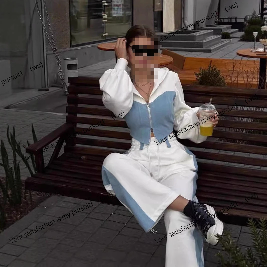 

Модный повседневный свитер в европейском и американском стиле, джинсовый топ с капюшоном и высокой талией, женские брюки