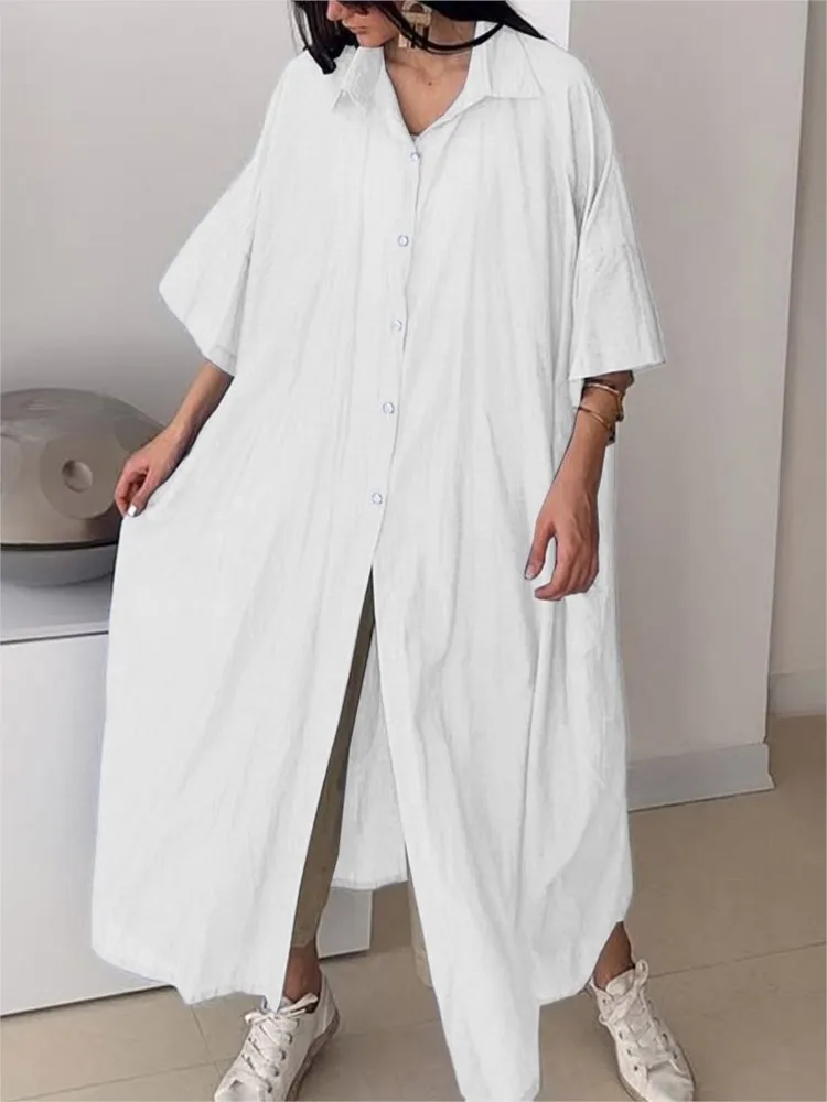 

Female Casual Solid Dress Fashion Half Sleeve Turn-down Collar Loose Shirts Dresses For Women Holiday Office Womens Clothing New