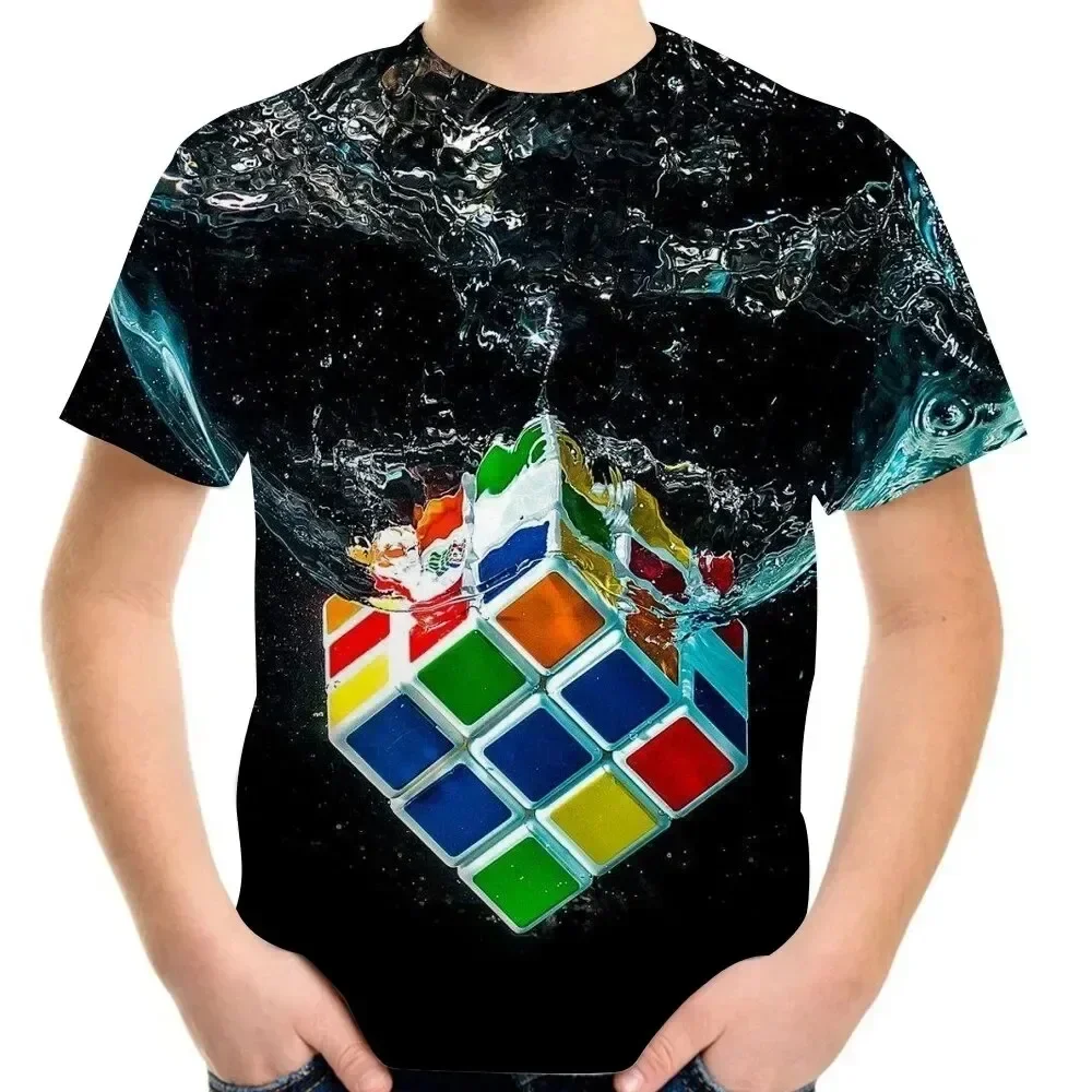 Jigsaw Cube 3d Printing T-shirt Fashion Rubik’s Cube Pattern T-Shirt Summer Boys Girls Tee Boy Top Streetwear Children Clothing