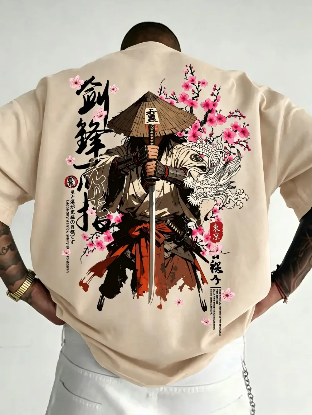 American men's summer wandering samurai cherry blossom print comfortable and breathable round neck T-shirt outdoor street top