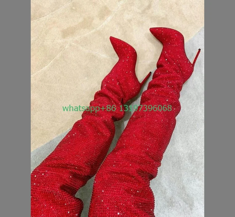 Lady sequins red demand over the knee boots rhinestones bling pointed toe sexy boots stiletto heel party dress boots new arrive