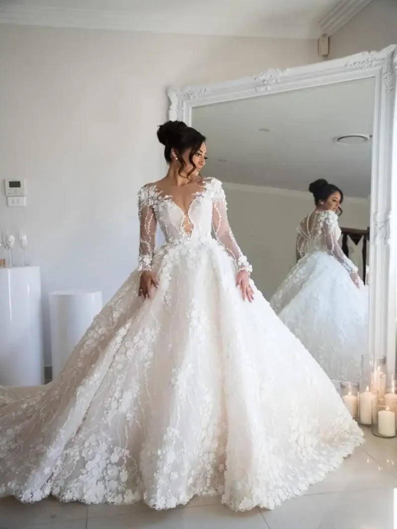 Elegant White A-Line Lace Decal Women's Wedding Dress 2026 Sexy V-Neck Transparent Cuff Trailing Party Bridal Gown Customized