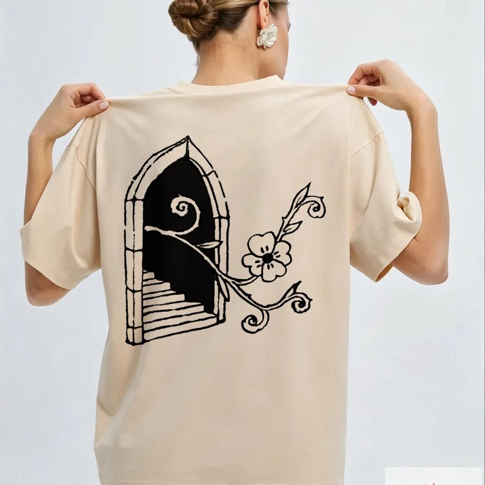 Gothic Arch Floral Vine Pink Cotton T-Shirt Black Outline Short Sleeve Crew Neck Casual Streetwear High Quality Cotton Casual