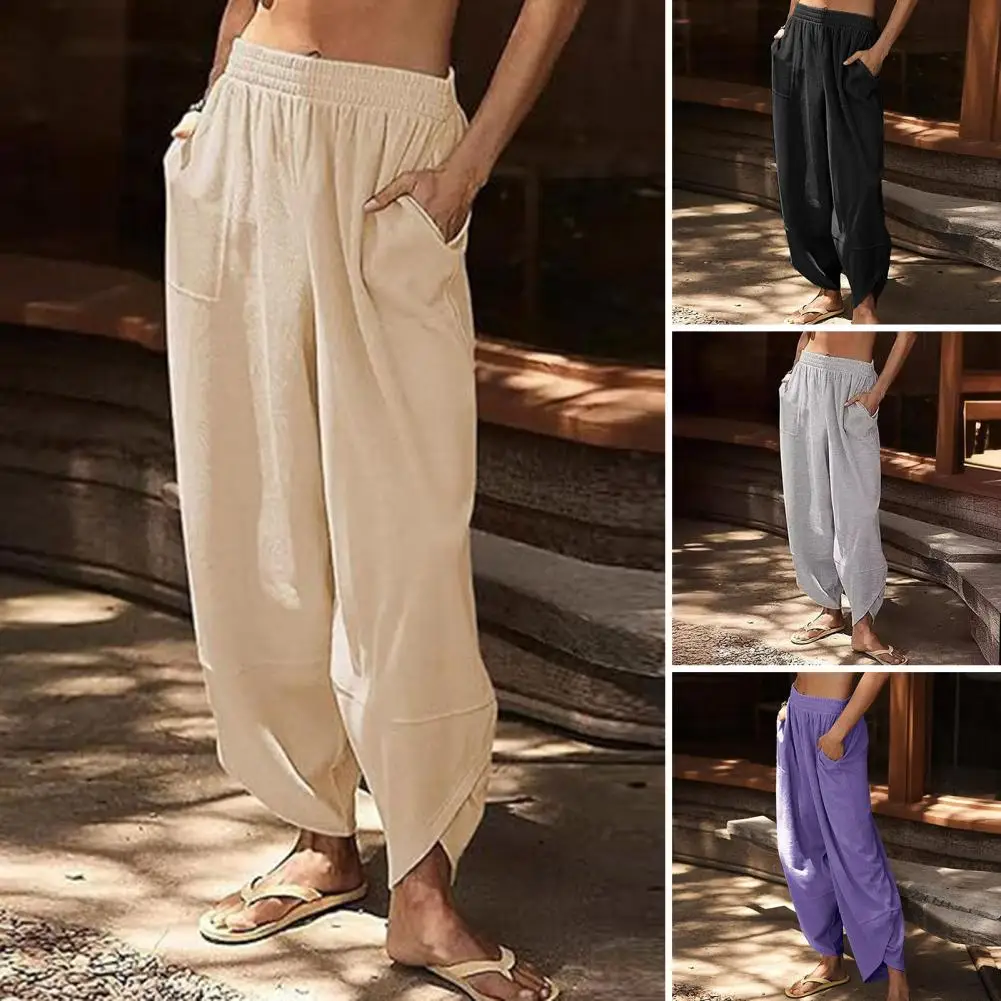 

Women Casual Ankle Stenosis Design Sense Solid Color Wide Leg Business Trousers Pockets Elastic High Waist Loose Fit Track Pants