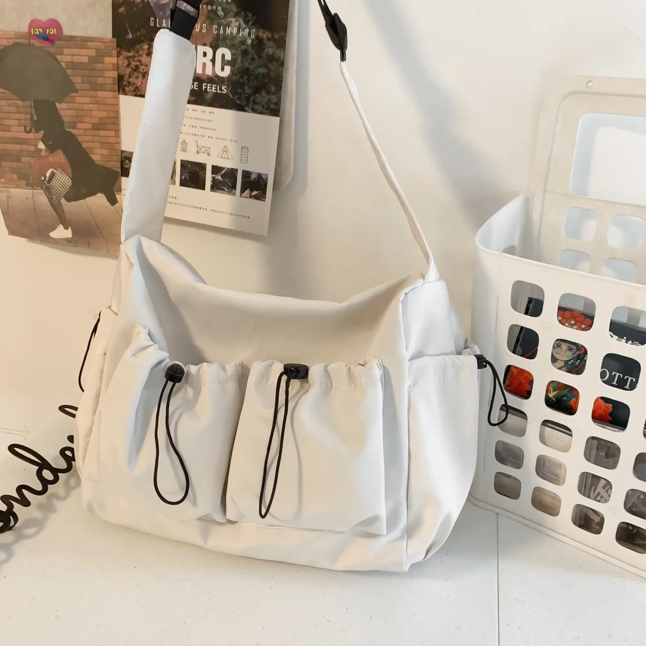 Japanese Style Messenger Bag, Solid Color Casual Satchel, Simple Large Capacity Functional Tooling Shoulder Bag