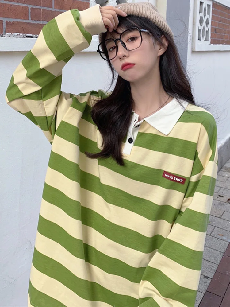 Harajuku Striped Polo Shirt Women Spring Autumn Korean Fashion Preppy Style Long Sleeve Casual Tops Oversized Loose Sweatshirts