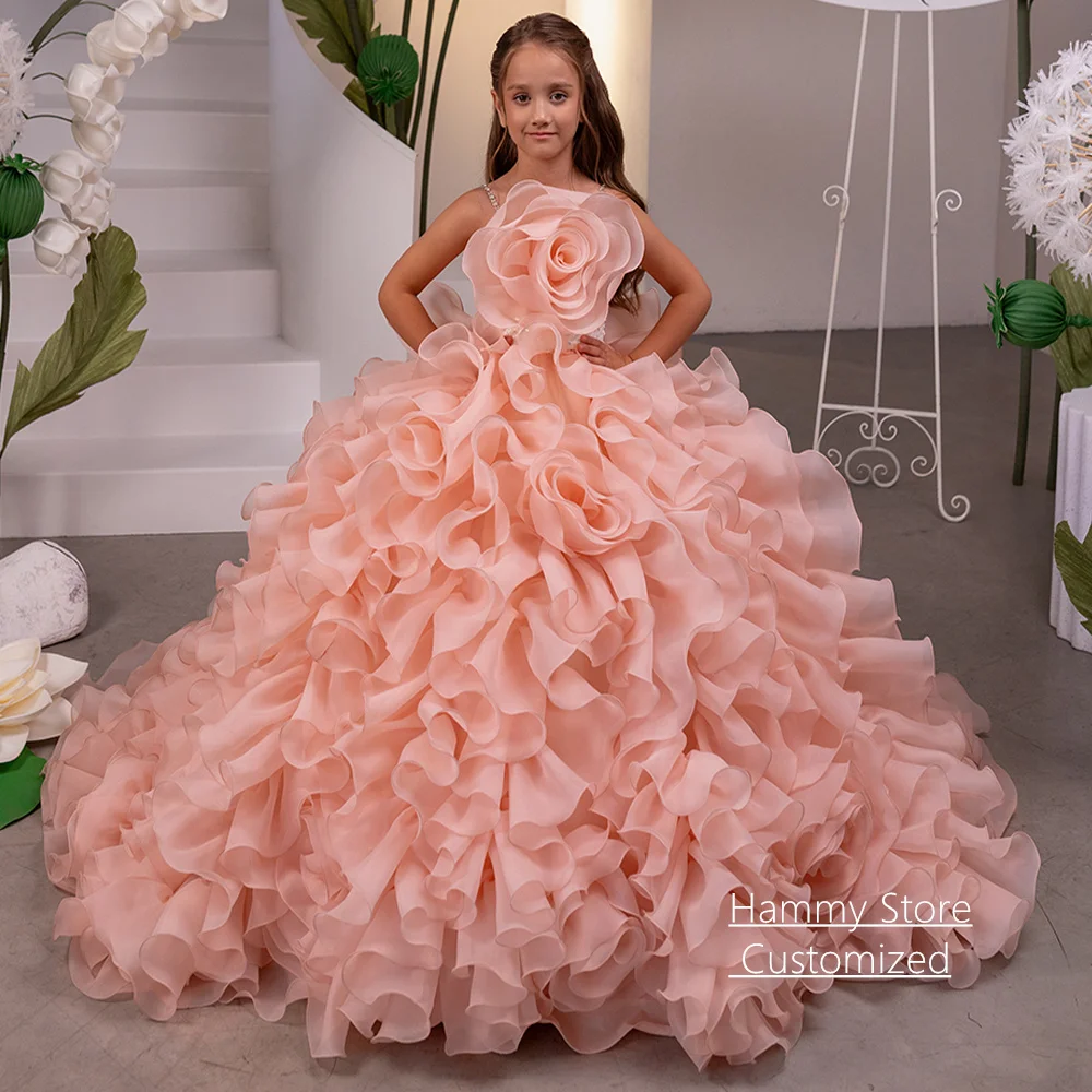 Organza Flower Girl Dress Customized Thin Beading Straps Flower Ruffles Ball Birthday Party Dresses Girls Communion Gown