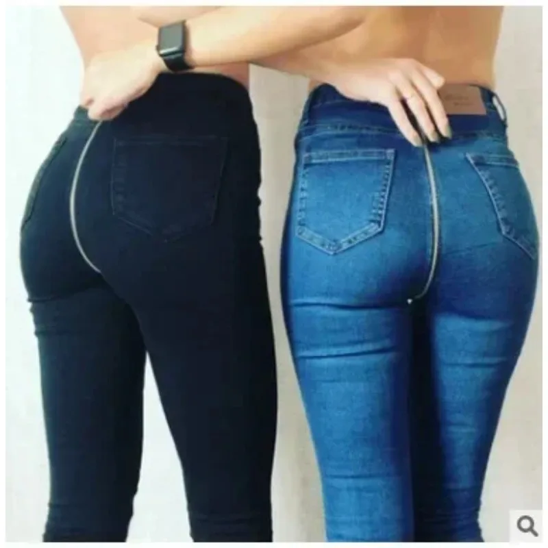 

New Women High Waist Fake Zippers Jeans Mid Waist Pencil Pants Denim Sheath Ankle Length Washing Slim Fit Sexy Pockets Solid