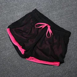 Calções Esportivos de Malha de Verão Feminino, Falso Duas Peças, Prova de Luz, Secagem Rápida, Respirável, Elástico, Yoga Pants, Fitness, Correndo, 1