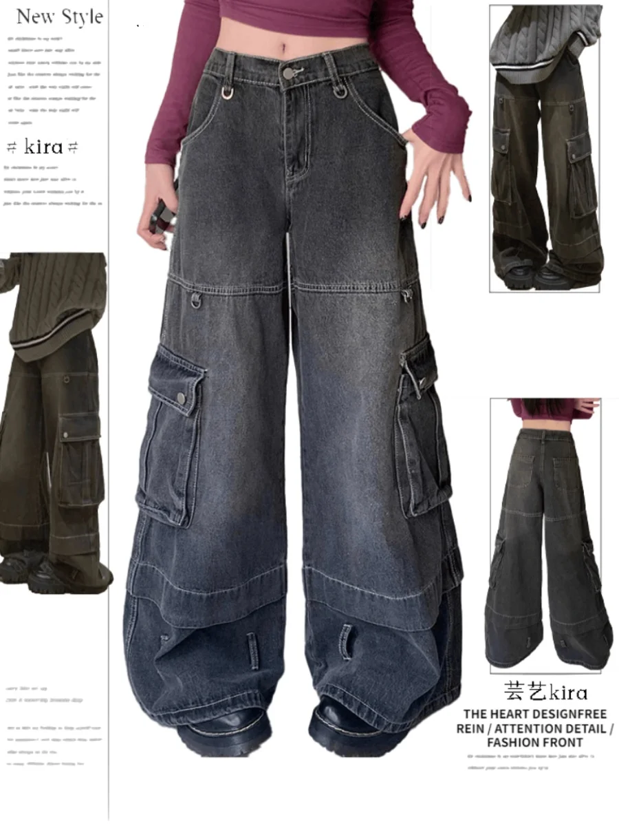 

Women's Dark Grey Cargo Jeans Harajuku Y2k Baggy Japanese 2000s Style Denim Trousers Emo Jean Pants Vintage Trashy Clothes 2024