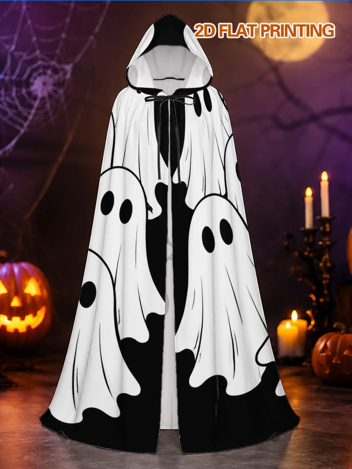 1pc Halloween Ghost And Christmas Elf Inspired Hooded Robe with Halloween Ghostly Gathering Pattern, Polyester Cape for Men