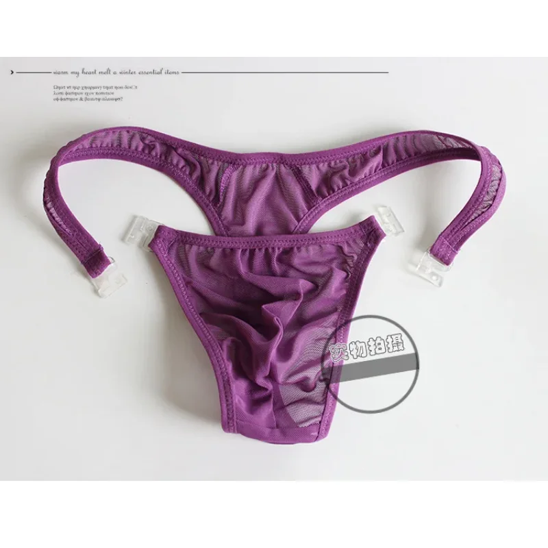 ชุดชั้นในเซ็กซี่ชายฤดูร้อนตาข่ายโปร่งใส Low Rise U กระเป๋านูน T กลับทองสีทึบปุ่มปรับเข็มขัด Pantie