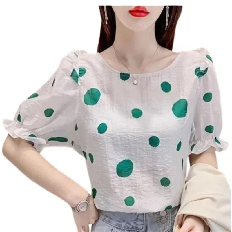 2024 Summer Women\'s Casual Fashion Elegant Commuting Round Neck Loose Printed Backless Tie up Bubble Sleeves Chiffon Shirt