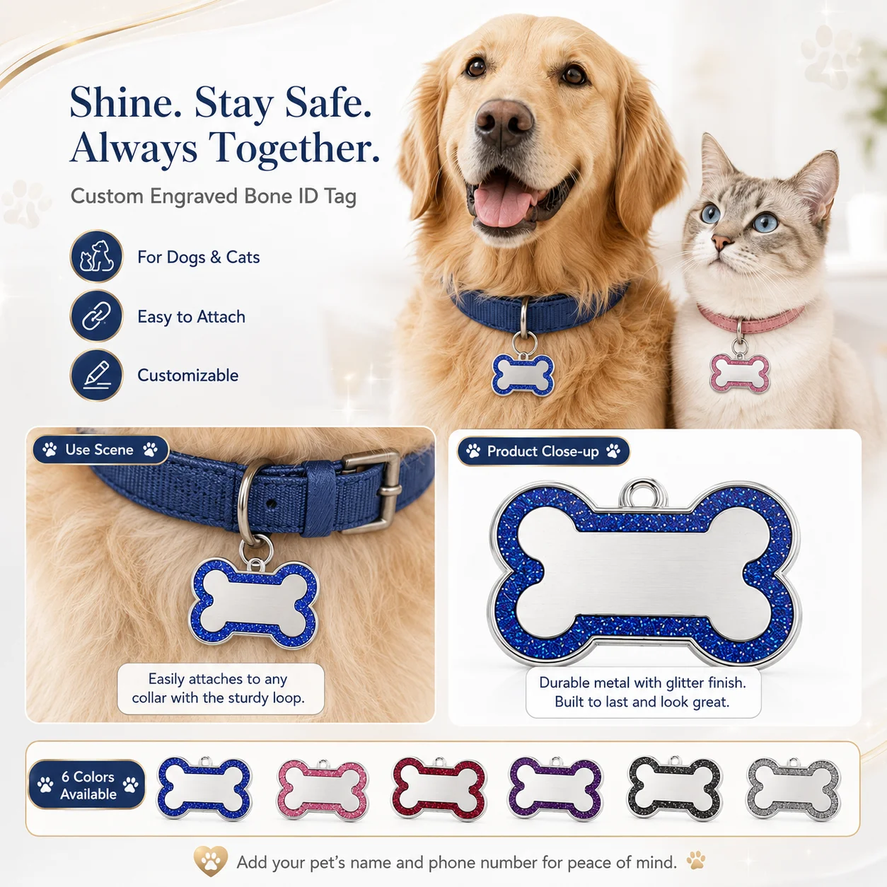 Custom Glitter Bone Pet ID Tag, Personalized Engraved Dog Cat Nameplate, Collar Hanging Pendant for Safety Custom Name Dog Tag view 4