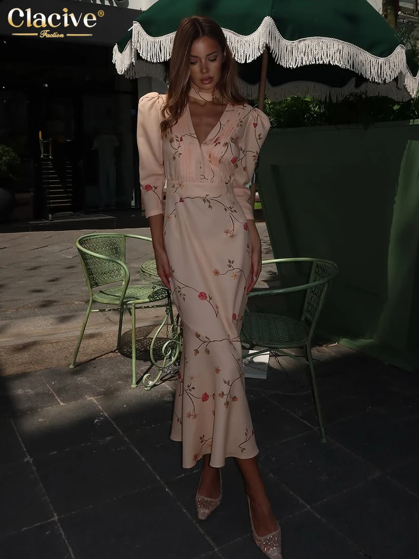 

Clacive Sexy Loose Print Women's Dress 2026 Summer V-Neck Long Sleeve Ankle Length Dresses Elegant Classic High Waist Female Dre