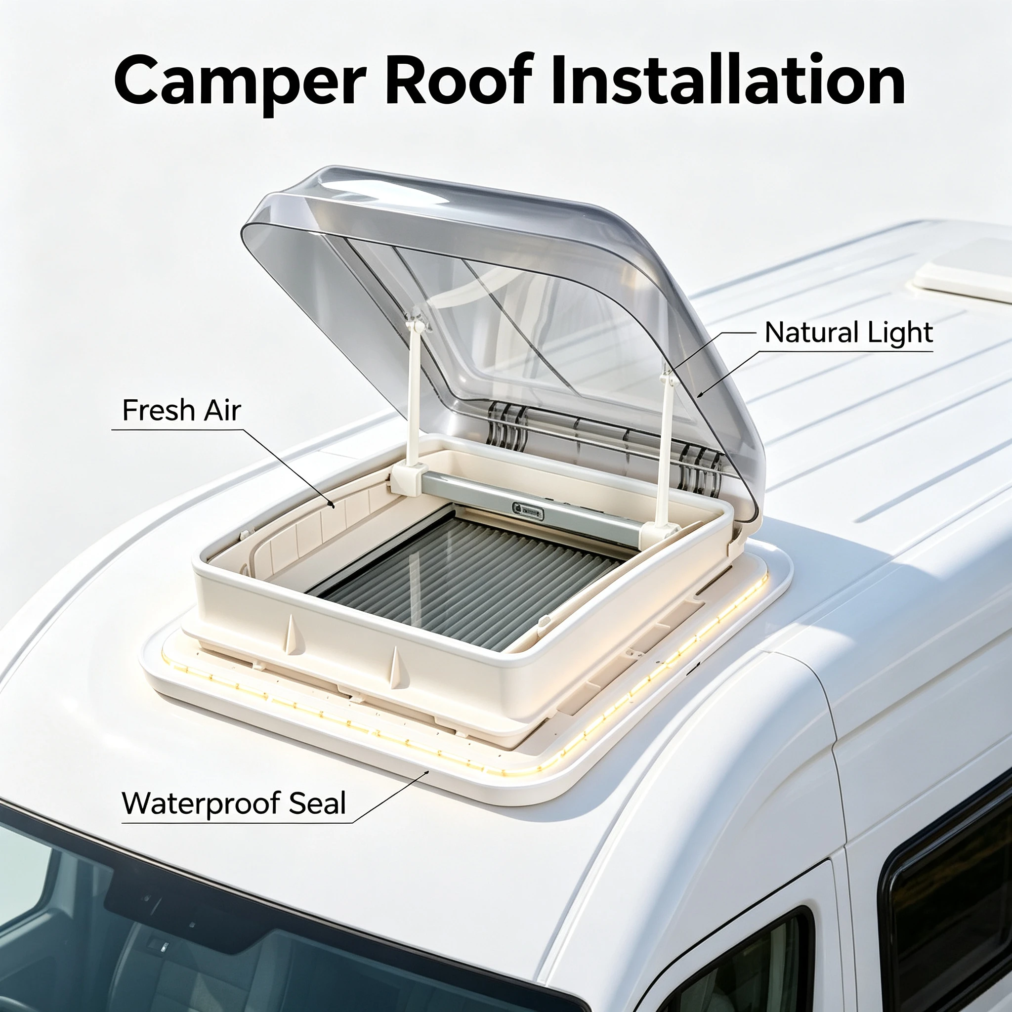 RV Commercial Vehicle Breathable Sunroof with Privacy Curtain with Insect Mesh Acrylic Aluminum Alloy Material with LED Light