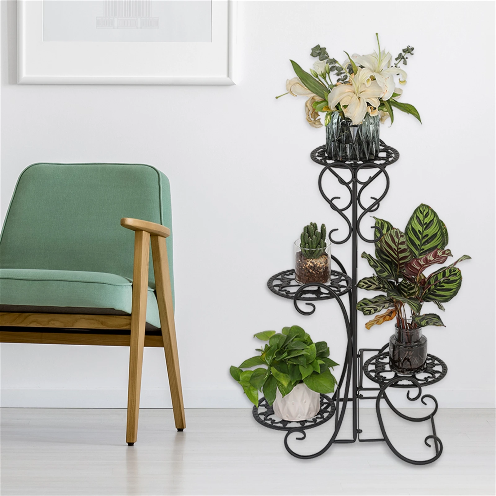 

4 Potted Rounded Flower Metal Shelves Plant Pot Stand Decoration for Indoor Outdoor Garden Black