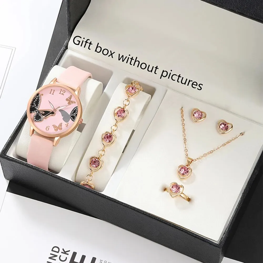 6pcs Women's Quartz Watch Pink Butterfly Pattern Quartz Watch and Jewelry Set Necklace Ring Earrings Bracelet Set