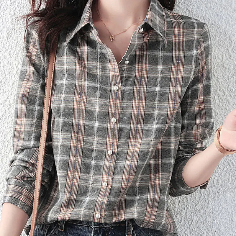 Women\'s Clothing Fashion Plaid Shirt 2023 Spring Autumn Streetwear Long Sleeve Turn-down Collar All-match Loose Casual Blouse