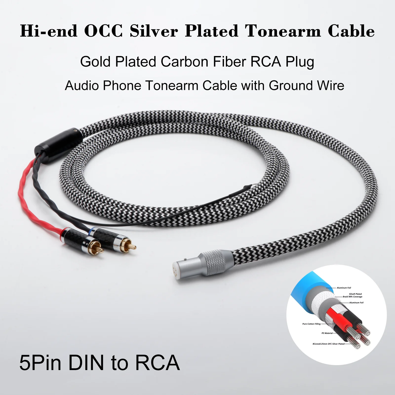 

5Pin DIN to 2RCA Phono Wire Turntables Silver Plated Analog CordLP Tonearm Cable