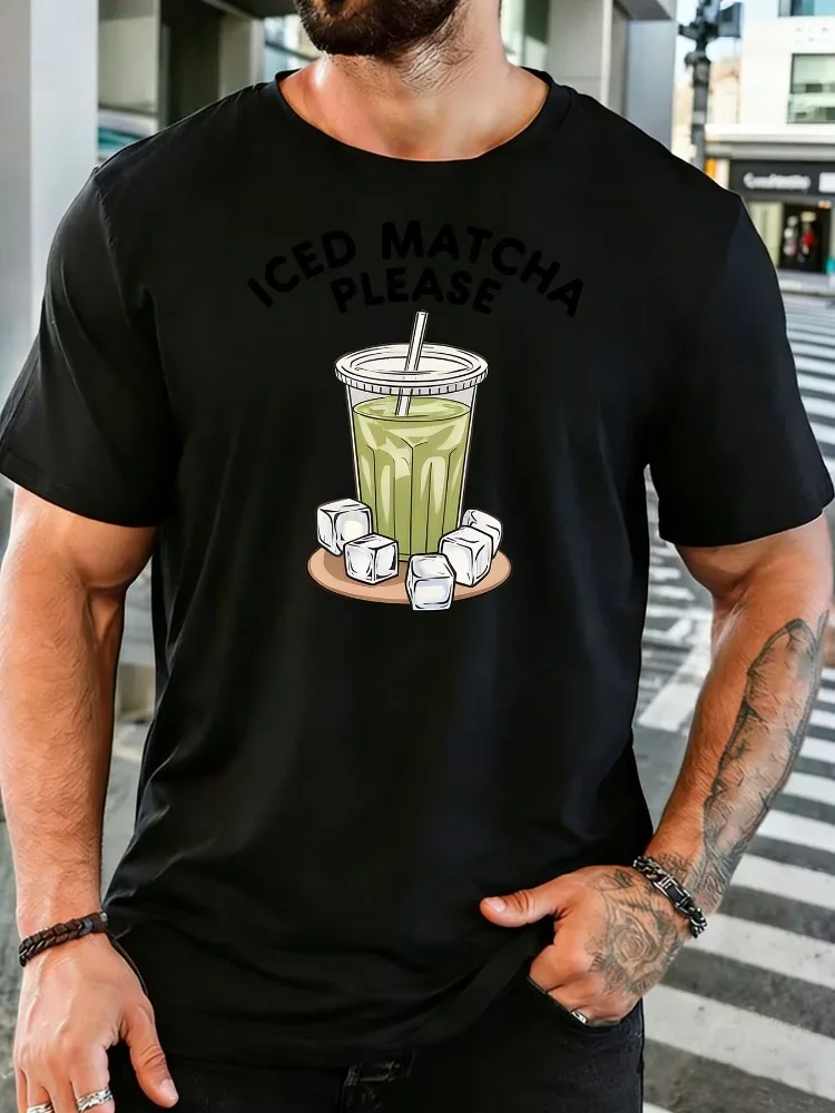 Iced Matcha Mens Tee Ice Cube Green Tea Cup Graphic Print Crew Neck Short Sleeve Soft Loose Casual Daily Summer Male Basic Top