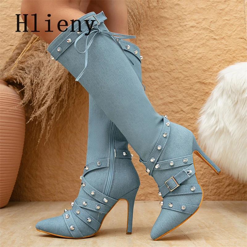 Hlieny Winter New Design Rivet Denim Button Strap Women Knee-High Boots Sexy Pointed Toe High Heels Stripper Female Zipper Shoes