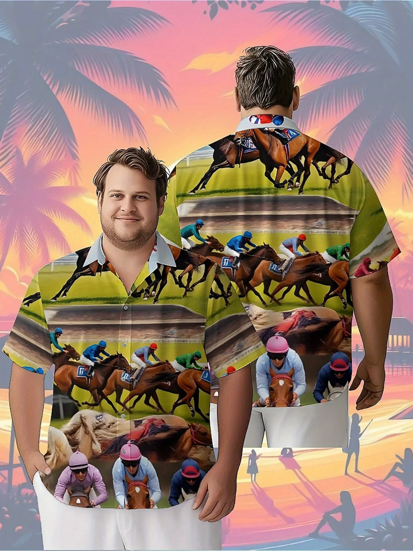 

Men's Plus Size Hawaiian Shirts Horse Racing Pattern, Unisex Aloha Shirts,New in Summer Tops Tee,streetwear