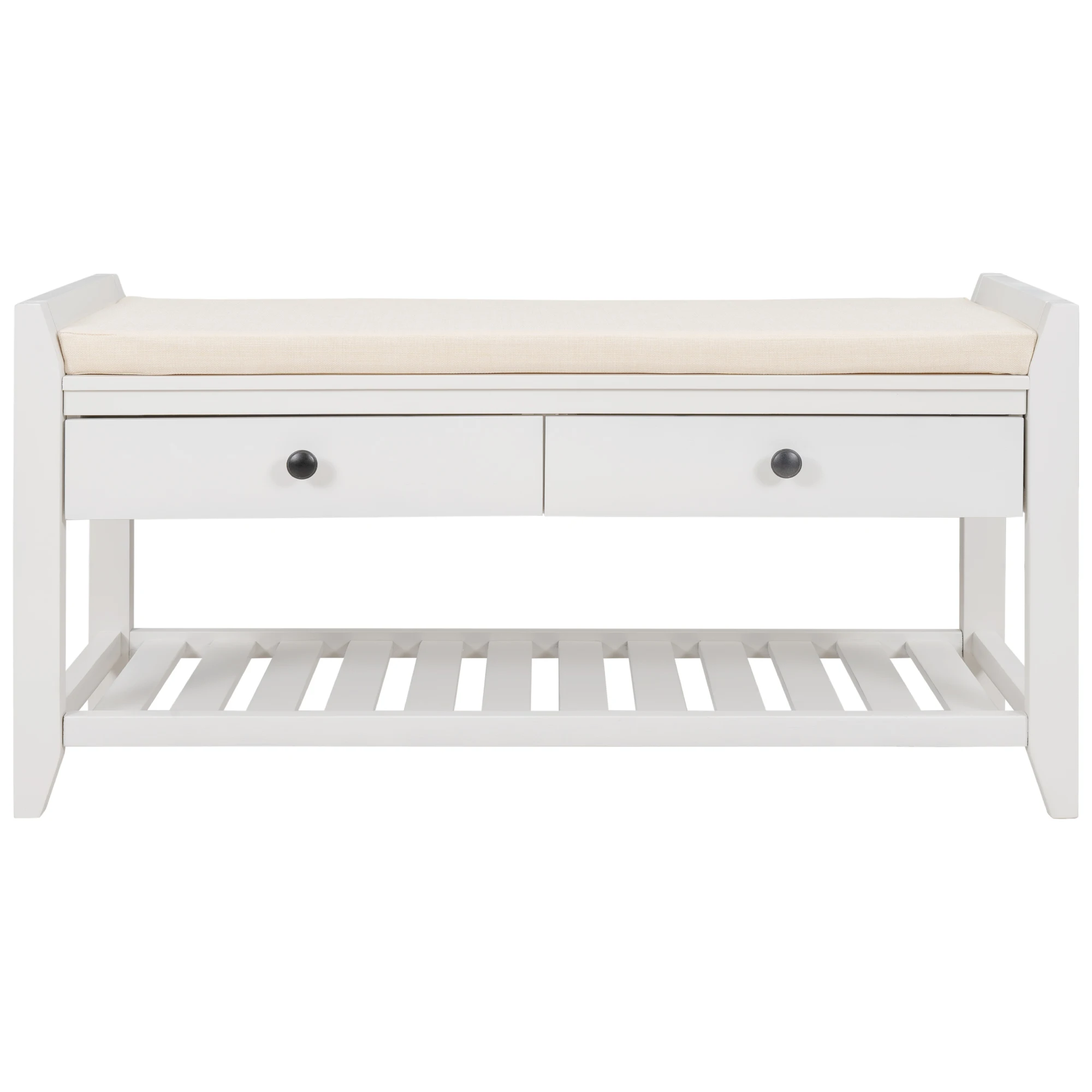 Entryway Storage Bench Solid Wood Storage Bench With Open Shoe Rack 2 Drawers Multipurpose Shoe Bench With Padded Cushion