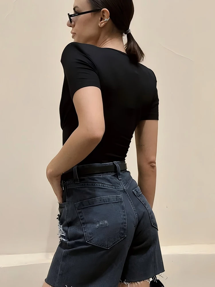 JULISSA MO Sexy Deep V-neck Ruched Women Bodysuit Khaki Short Sleeve High Waist Playsuit Autumn Slim Elegant Party Clubwear 2025