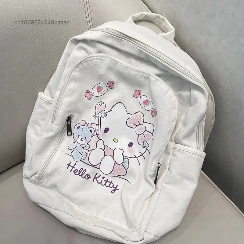 Sanrio Hello Kitty nowy plecak płócienny biały słodki nadruk kreskówkowy podwójne torby na ramię Y2k dziewczyna w stylu College Bag koreańska torba