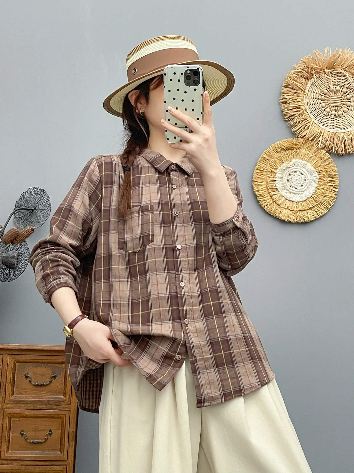 Enianechu Youth Women's Blouses 100% Cotton Vintage Red Green Gray Coffee Check Shirt for Women Plaid Long Sleeve Tops 3