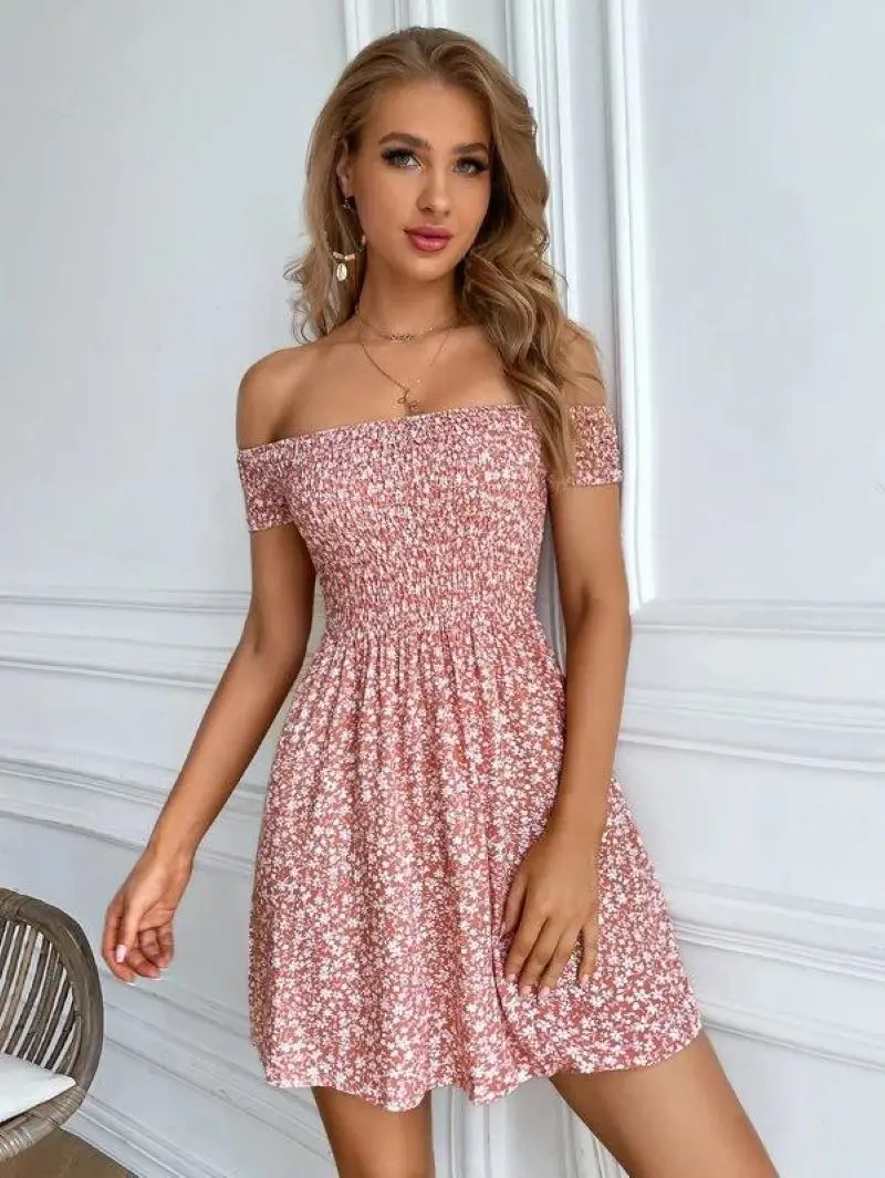 

Ditsy Floral Off Shoulder Shirred Dress