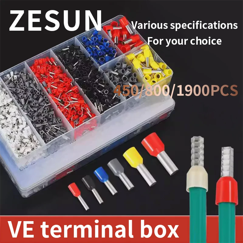 450/800/1900PCS VE brass tube type pre insulated pin terminal boxed connector with cold pressed copper wire nose AWG22-7