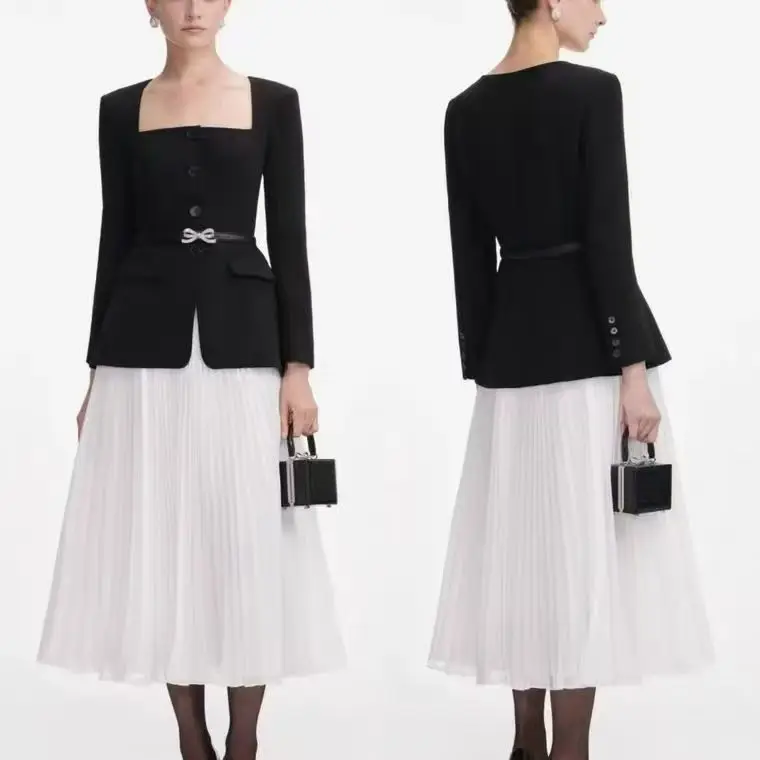 Women Color blocked fake two-piece dress Square collar long sleeve midi dress