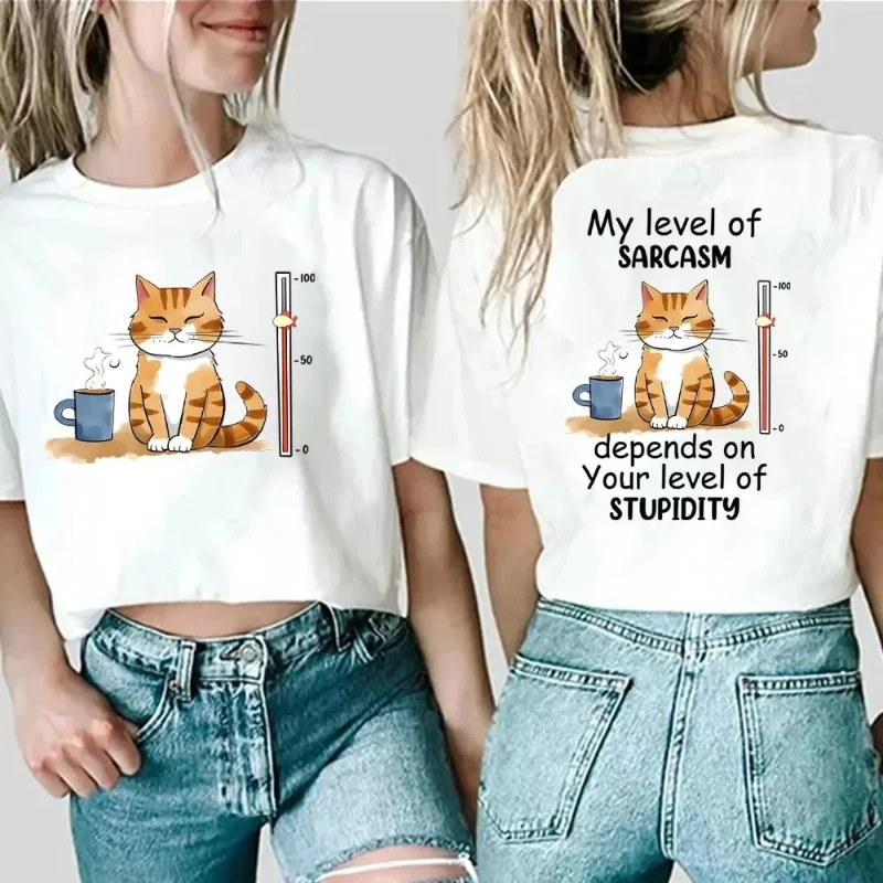 Double-sided Print Graphic Funny Y2k Top My Level of Irony Depends on Your Stupidity Cat T-shirt Plus Size Women's Wear